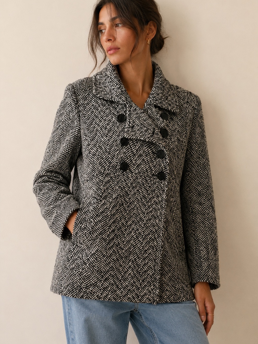 Guess Women's Classic Black and White Double Breasted Pea Coat Size Medium